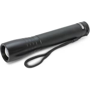 A black torch with a textured grip and a wrist strap, featuring a reflective lens at the front.
