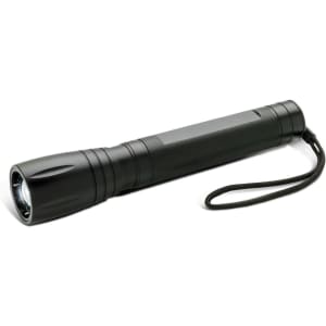 A black torch with a textured grip and a lanyard for easy carrying. It features a bright light at the end.