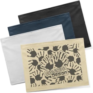 Four cotton tea towels in various colours: cream, white, teal, and black, featuring a handprint design.