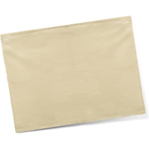 A cotton tea towel in a soft beige colour, featuring a simple design and a logo in the corner.