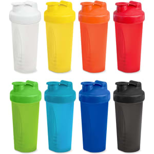 A drink bottle collection in vibrant colours: white, yellow, orange, red, green, blue, and black, featuring a branded design.