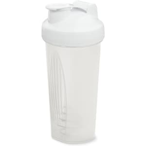 A drink bottle with a white lid and a transparent body, featuring a mixing ball inside.