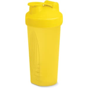 A drink bottle with a yellow body and lid, featuring a mixing ball inside, ideal for protein shakes.