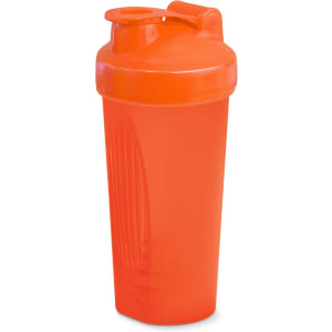 A drink bottle with a vibrant orange colour and a flip-top lid, featuring a logo on its side.