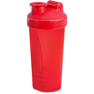 A drink bottle in vibrant red, featuring a secure lid and integrated whisk for mixing. It has a logo on the side.