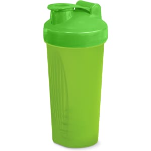 A drink bottle in bright green, featuring a secure lid and a built-in mixer, with a logo on the side.