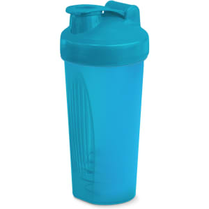 A drink bottle in a vibrant blue colour, featuring a secure lid and a mixing mechanism inside.