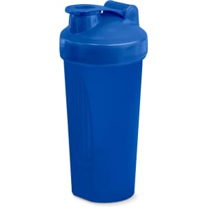 A drink bottle in blue, designed as a protein shaker with a secure lid and spout, featuring a branding logo.