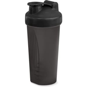 A drink bottle with a black body and lid, featuring a shake-resistant design and a logo.