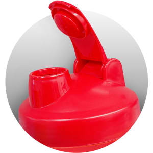 A drink bottle in vibrant red, featuring a wide mouth and a flip-top lid, with a branding logo on the side.