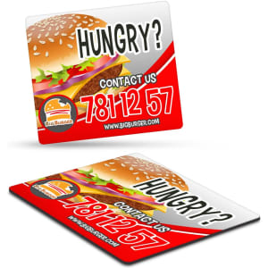 A rectangular fridge magnet featuring a colourful burger design with a logo and contact information in red, yellow, and green.