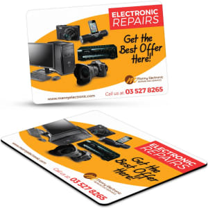 A rectangle fridge magnet featuring various electronic devices on a bright yellow background with a logo.