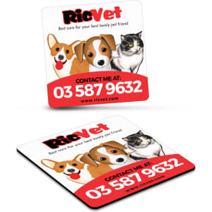 A square fridge magnet featuring cartoon illustrations of a dog and cats, with a logo and contact information.