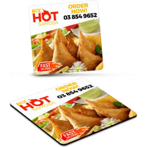 A square fridge magnet featuring samosas, vibrant colours, and a logo for a food delivery service.