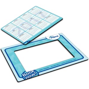 A magnetic photo frame in aqua blue, featuring a calendar layout and a rectangular photo opening, with a logo.