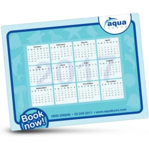 A magnetic photo frame in blue, featuring a monthly calendar layout and a logo in the corner.