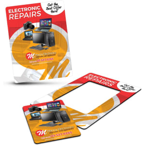 A magnetic photo frame in a bright colour scheme featuring a rectangular cut-out and a promotional design with a logo.