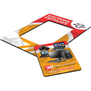 A magnetic photo frame featuring a colourful design with a central empty space and a business card for electronic repairs.