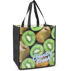 A tote bag featuring a green and brown kiwi fruit design with black handles and a logo.