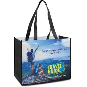 A black tote bag featuring a scenic outdoor design and a logo, with two people on a mountain overlooking a landscape.