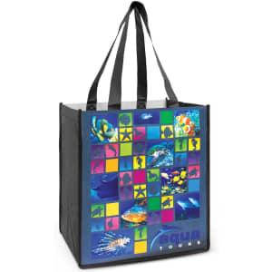 A black tote bag featuring a colourful collage of aquatic images and a logo on the front.