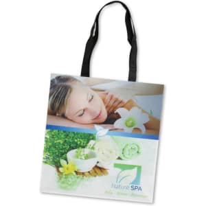 A tote bag featuring a spa-themed design with green and white colours, and a black handle. It includes a logo.