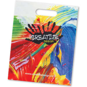A vibrant tote bag featuring a multicoloured abstract design and a branding logo.
