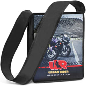 A black promotional bag with a shoulder strap, featuring a motorcycle image and a logo.