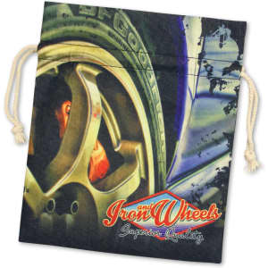 A large cotton gift bag featuring a vibrant image of a car wheel, with a drawstring closure and branding.