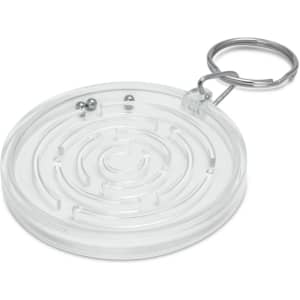 A clear plastic key ring featuring a maze design with small metal balls inside. It includes a metal keychain attachment.