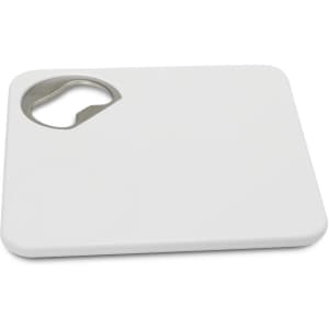 A drink bottle opener in white, designed as a square coaster with a built-in bottle opener and a logo.