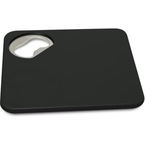 A drink bottle opener designed as a coaster, featuring a sleek black surface with a metal bottle opener cutout.