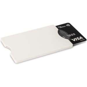 An RFID card protector in white, holding a black Visa debit card.