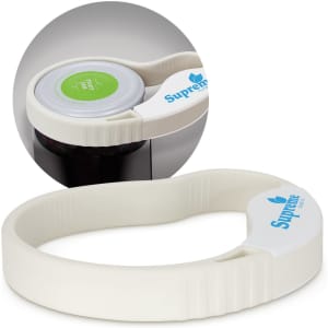 A drink bottle and jar opener in white with a circular grip design, featuring a logo.