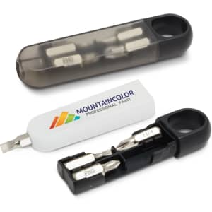 A Mini Screwdriver Set in a black and transparent case, including multiple interchangeable screwdriver bits and a logo.