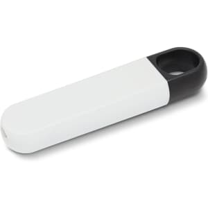A white and black mini screwdriver set with a compact design, featuring a keyring attachment and a smooth finish.