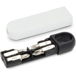 A mini screwdriver set in black and silver, housed in a white cover with a logo.