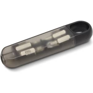 A transparent container in black with multiple mini screwdrivers inside. The set is compact and portable.