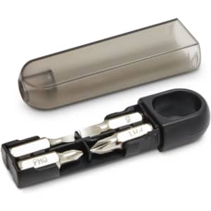 A mini screwdriver set in a black and grey case with a transparent cover, featuring multiple screwdriver bits.