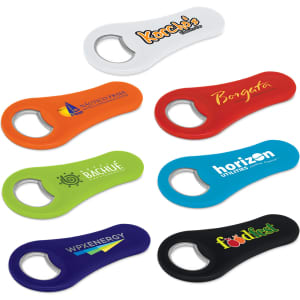 A collection of diverse bottle openers in orange, red, blue, and purple, each featuring a unique logo.