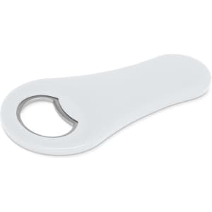 A drink bottle opener featuring a smooth, white exterior with a metal opening for caps and a logo on the side.
