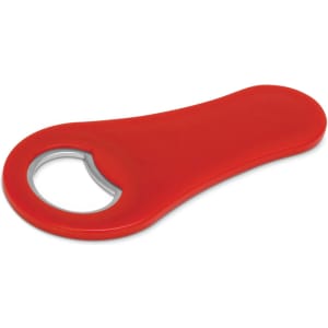 A drink bottle opener in vibrant red, featuring a circular metal opening and a smooth plastic handle.