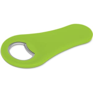 A drink bottle opener in bright green with a round, metal opening and a smooth handle. It features a logo.