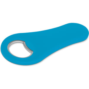 A drink bottle opener in bright blue with a metal opening, featuring a smooth, contoured design.