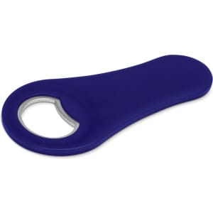 A drink bottle opener in a deep blue colour with a silver metal opening. It features a simple, curved design.