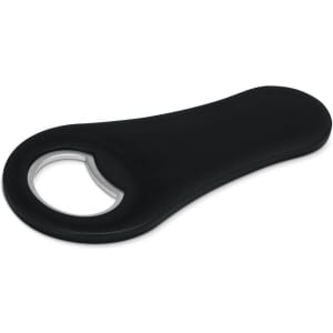 A drink bottle opener in sleek black, featuring a circular opening and a smooth handle design. It has a logo displayed.