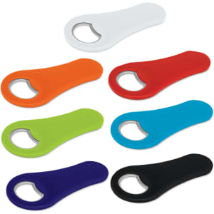 A drink bottle opener in various colours, including white, orange, green, blue, red, black, and purple, with a metallic ring.