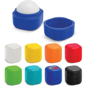 A collection of colourful lip balm balls in various shades, including white, blue, yellow, orange, green, and black.