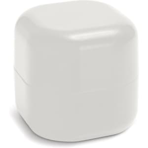 A white, rounded square lip balm container with a glossy finish and a simple design. It features a logo on the surface.