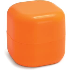 An orange, rounded container of lip balm with a glossy finish, featuring a visible logo on the surface.